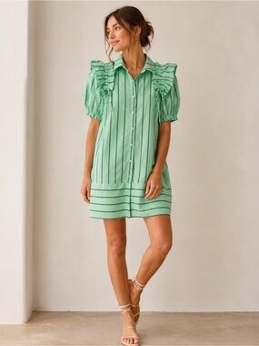 Style USA Mint Green Stripe Ruffle Shoulder Puff Sleeve Mini Dress NWT Size S